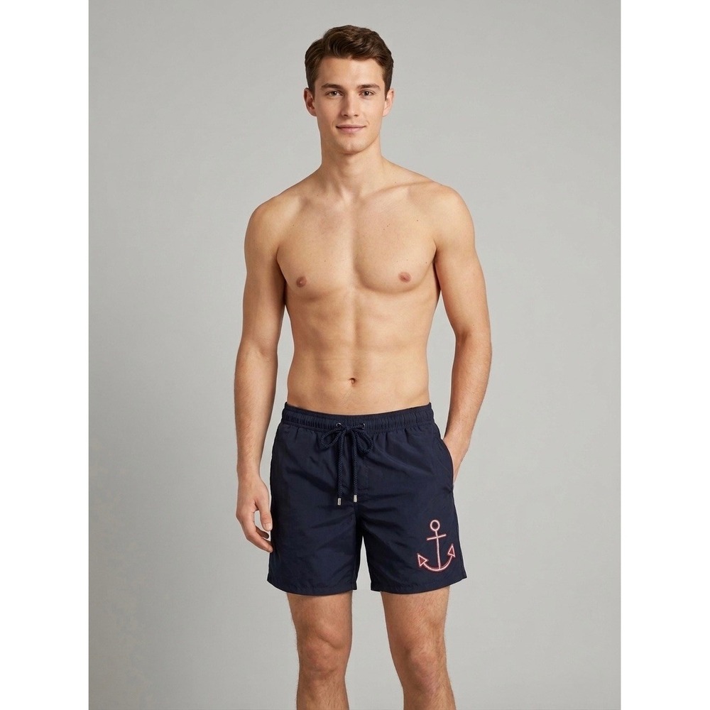 Vilebrequin Moorea Mens Navy Blue Anchor Embroidered Swim Trunks size  XXL